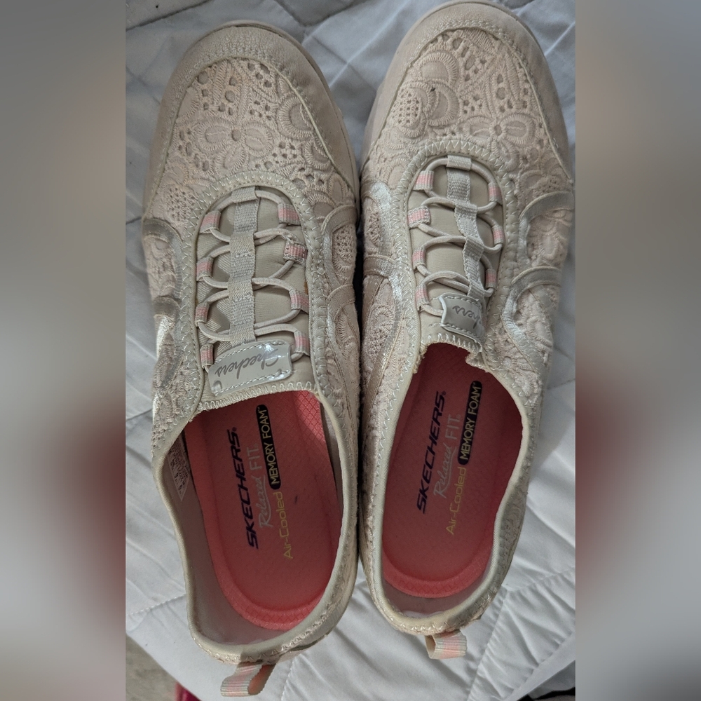 SKECHERS Beige Relaxed Fit Memory Foam Slip On Shoes (23222)